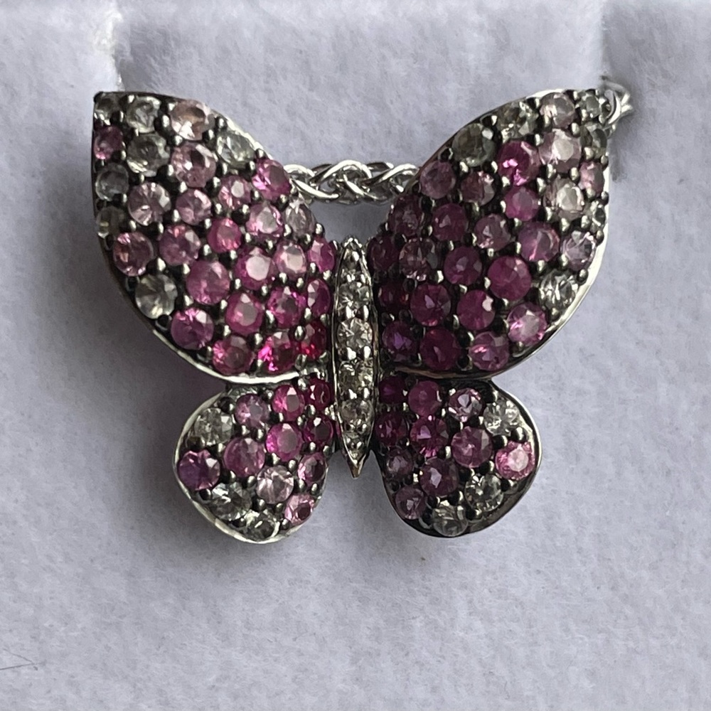 Sterling Silver 925 Ruby pink and white sapphire Butterfly Pendant